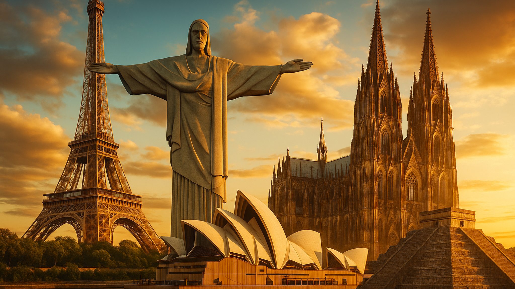 Golden-hour collage of world landmarks - Eiffel Tower, Christ the Redeemer, Sydney Opera House, a Gothic cathedral, and a pyramid